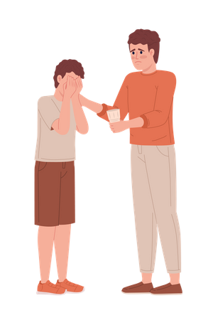 Worried father comforting son with glass of water Illustration