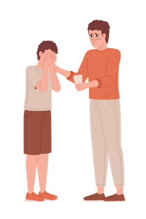 Worried father comforting son with glass of water  Illustration