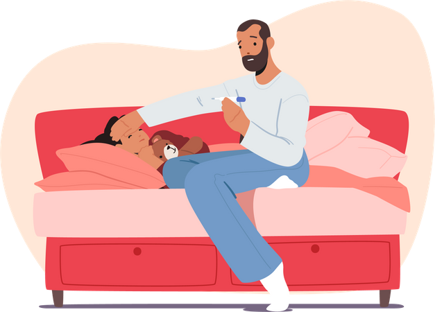 Worried father sitting next to Ill daughter Illustration