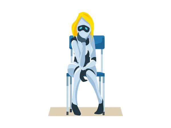 Worried Female Robot sitting on Chair  Illustration