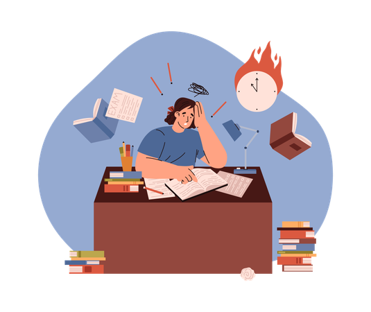 Worried female student with exam preparation stress  Illustration