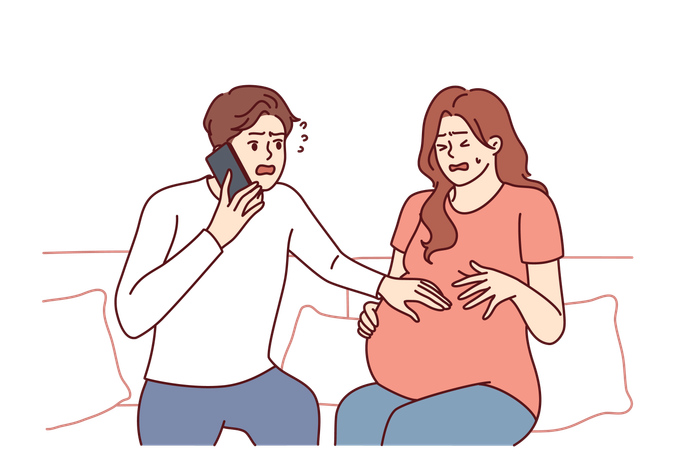 Worried husband calls ambulance for his pregnant woman  イラスト