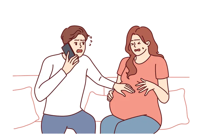 Pregnant Woman Next To Worried Husband Calling Doctor Or 911 To Report Wife Birth Or Marriage Frightened Man Uses Phone To Tell Prenatal Doctor About Pregnant Bride Stomach Pains Illustration