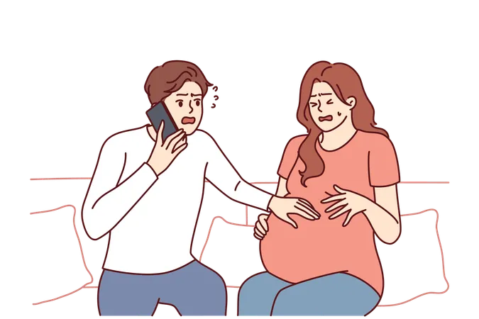 Worried husband calls ambulance for his pregnant woman  Illustration