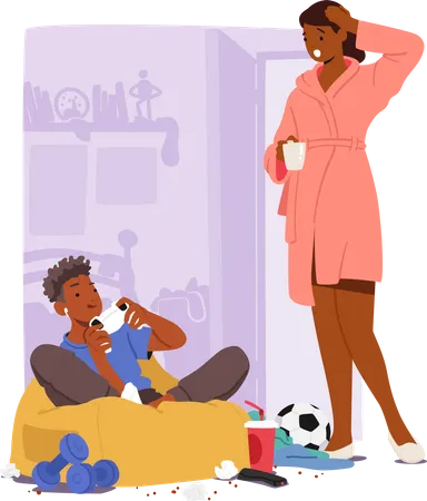 Worried Mother And Teenager Engrossed In Computer Games Showcasing Gadget Addiction Son Character Ignore Parent Awareness Of Screen Time Balance Cartoon People Vector Illustration Illustration