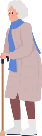 Worried old woman with walking stick  Illustration