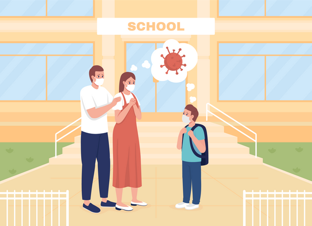 Worried parents leaving kid at school Illustration