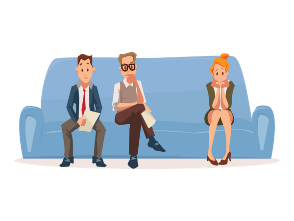 Worried Pensive Man and Woman Wait for Job Interview in Office Illustration