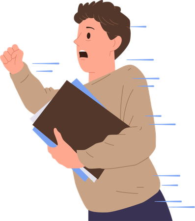 Worried stressed office worker hurrying with paper documents stack in hand  Illustration