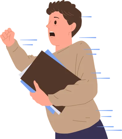 Worried stressed office worker hurrying with paper documents stack in hand  Illustration