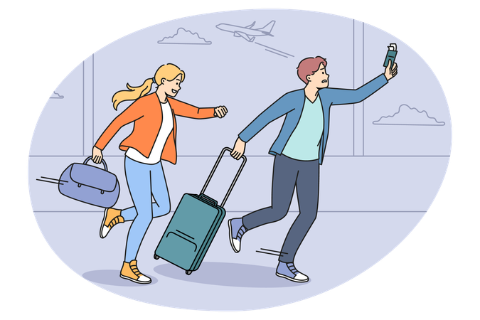 Worried tourists run for flight on airport  Illustration