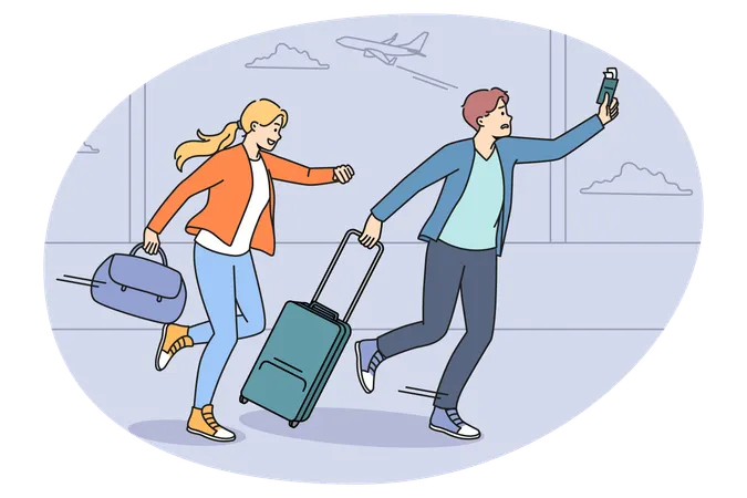 Worried tourists run for flight on airport  Illustration