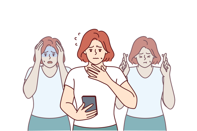 Worried woman reads message on mobile phone about foreclosure on house and feels panic  Illustration