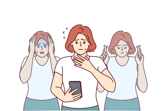 Worried Woman Reads Message On Mobile Phone About Foreclosure On House And Feels Panic Different Stages Of Panic Of Girl Learned About Approaching Financial Crisis From Internet News Illustration
