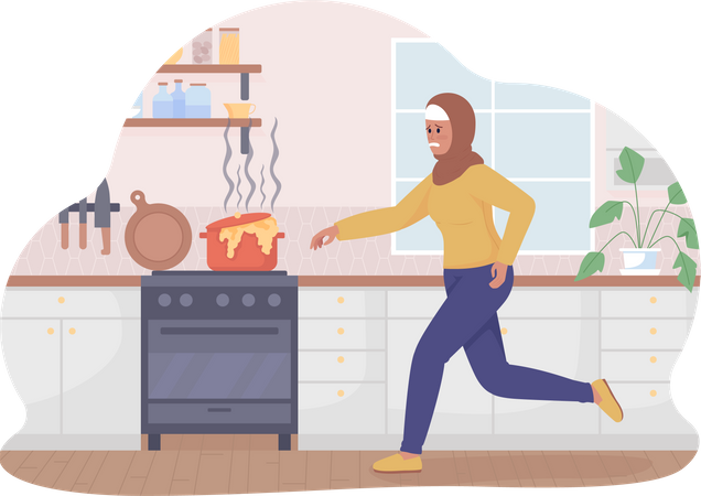 Worried woman running to burning soup on stove  Illustration