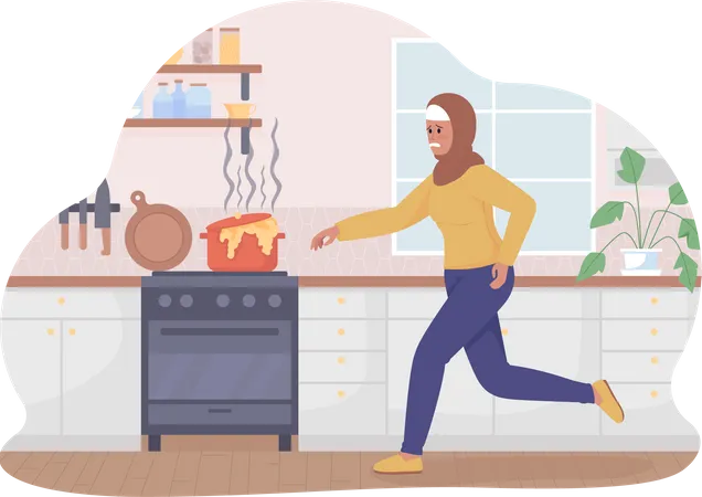 Worried woman running to burning soup on stove  Illustration