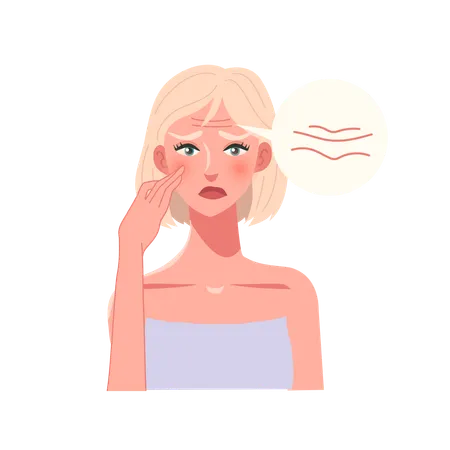 Skincare Concept Portrait Of A Worried Woman Stressed About Forehead Wrinkles Illustration