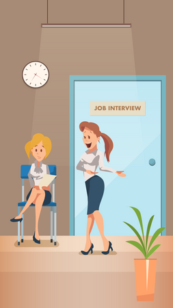 Worried Woman Waiting for Job Interview in Corridor Illustration