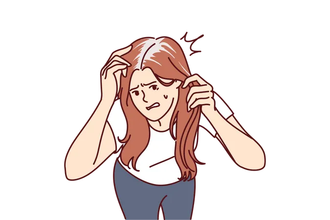 Worried woman with gray hair is nervous due to premature baldness due to lack of nutrients  イラスト