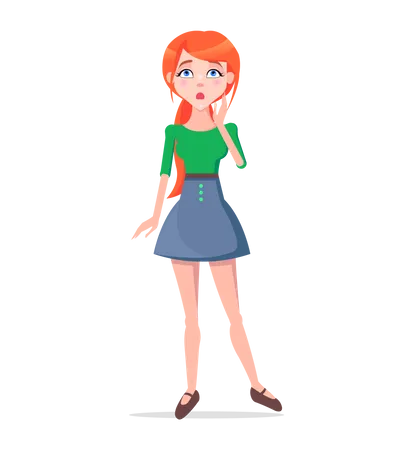 Worried Young Woman Illustration Beautiful Redhead Girl In Blouse And Skirt Standing With Surprised Face Expression Flat Vector Isolated On White Background Confused Female Cartoon Character Illustration
