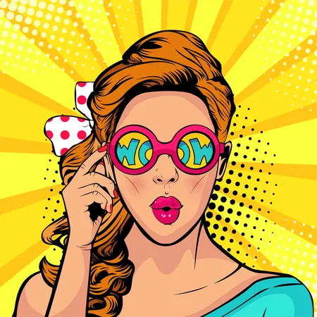 Wow pop art face of surprised woman open mouth holding sunglasses in her hand with inscription wow in reflection Illustration