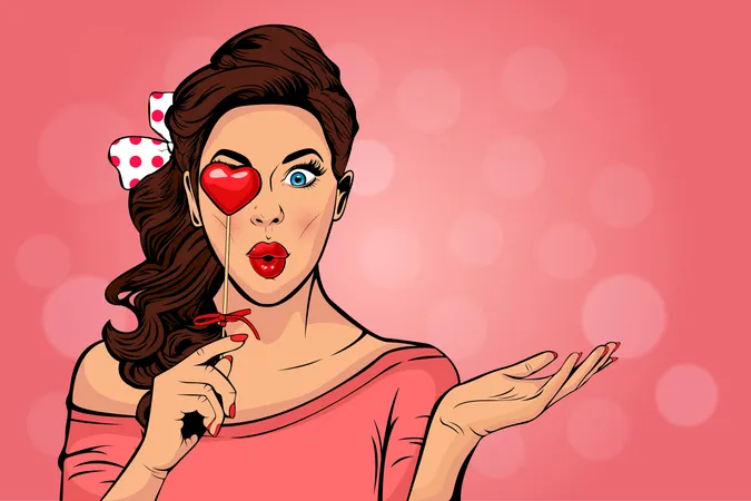 Wow, Pop-Art-Gesicht eines überraschten Modemädchens mit offenem Mund und Valentinsherz in der Hand  Illustration