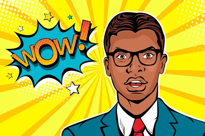 Wow pop art male face. Young afro american surprised man in glasses with open mouth and Wow speech bubble Illustration