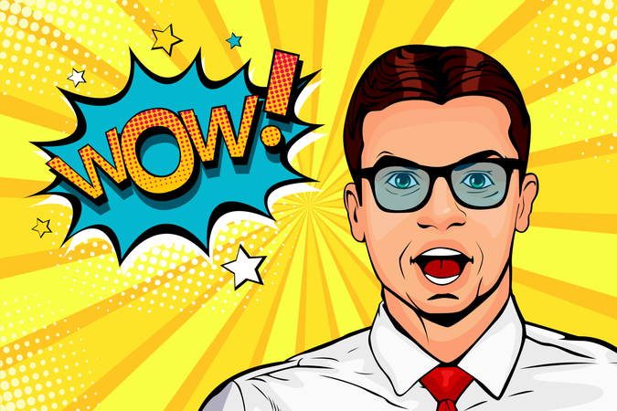 Wow pop art male face. Young surprised man in glasses with open mouth and Wow speech bubble. Vector colorful illustration in retro comic style.  Illustration