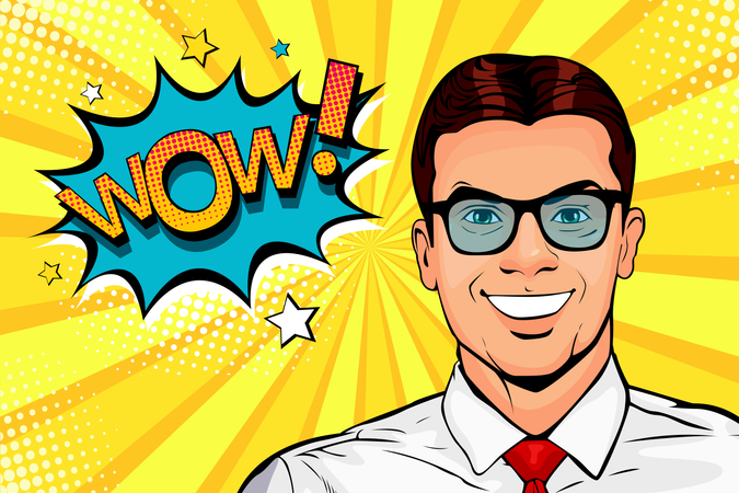 Wow pop art male face. Young surprised man in glasses with open mouth and Wow speech bubble. Vector colorful illustration in retro comic style. Illustration