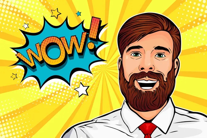 Wow pop art male hipster face  Illustration