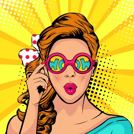 Wow pop art visage de femme surprise bouche ouverte tenant des lunettes de soleil dans sa main avec inscription wow en réflexion  Illustration