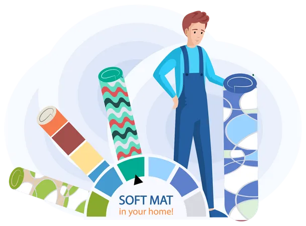 Soft Mat In Your Home Concept Textile Rolls Rugs Or Mats Scroll Wrapped Home Cotton Fabric Interior Decor Carpet Rolled Soft Floor Covering Wrapping Household Chore Tapis Store Or Shop Illustration