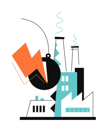 Wrecking ball smashing some of industrial buildings  Illustration