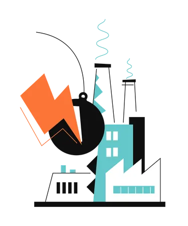 Wrecking ball smashing some of industrial buildings  Illustration