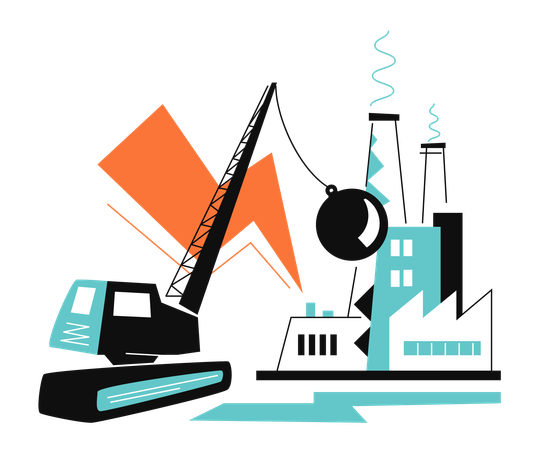 Wrecking ball smashing some of industrial buildings  Illustration