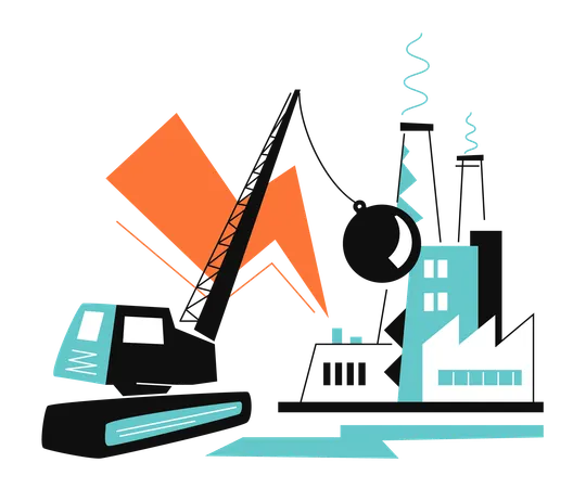 Wrecking ball smashing some of industrial buildings  Illustration