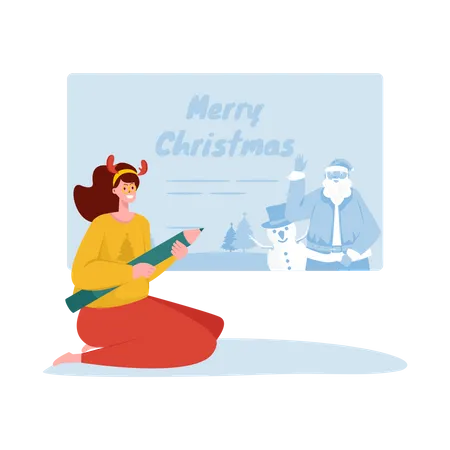 A Woman Writes A Christmas Greeting Card Illustration イラスト