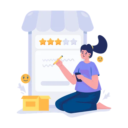 A Girl Writes A Feedback Comment And Give A 3 Star Rating Illustration Illustration