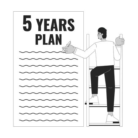 Writing 5 Year Plan Goals Black And White 2 D Illustration Concept Professional Development Cartoon Outline Character Isolated On White Arab Man Career Growth Checklist Metaphor Monochrome Vector Illustration