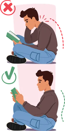 Man Engrossed In A Book Sits On Floor With Proper And Improper Body Postures Right Pose Involves Sitting With A Straight Back Eyes At Screen Level Wrong Includes Slouching Or Straining The Neck Illustration