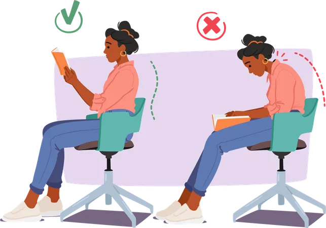 Woman Engrossed In A Book Sits On Chair With Proper And Improper Body Postures Right Pose Involves Sitting With A Straight Back Eyes At Screen Level Wrong Includes Slouching Or Straining The Neck イラスト