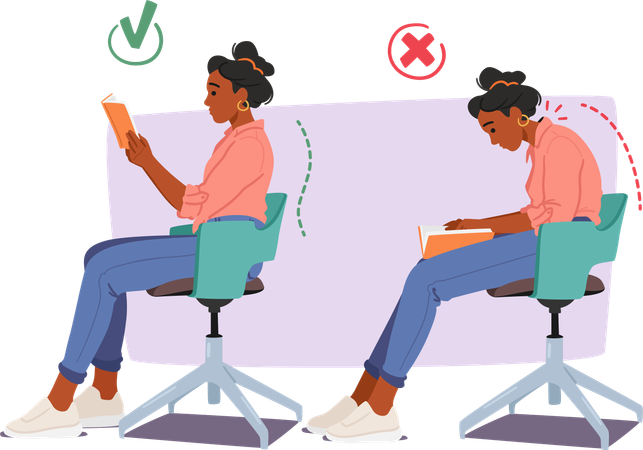 Wrong and correct posture while reading book on chair  Illustration