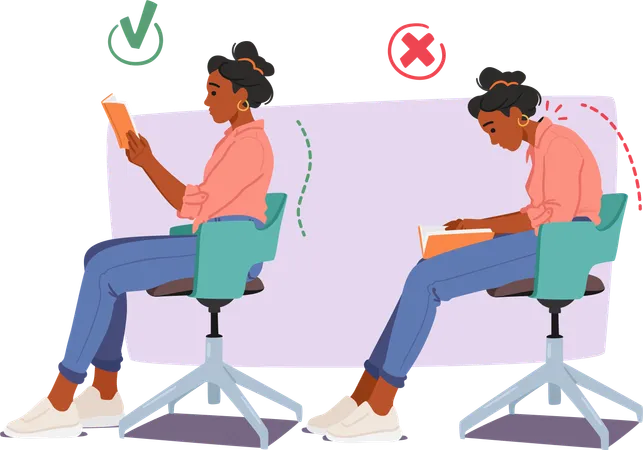 Wrong and correct posture while reading book on chair  Illustration