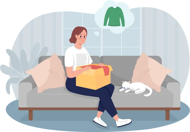 Wrong Clothing Order 2 D Vector Isolated Illustration Upset Customer Sad Woman With Box Sitting On Couch Flat Character On Cartoon Background Negative Side Of Online Shopping Colourful Scene Illustration
