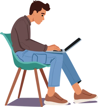 Man Displays Poor Body Posture While Using Laptop Inviting Discomfort And Potential Health Issues Male Character Hunched Over Neck Strained Shoulders Slouched Cartoon People Vector Illustration Illustration