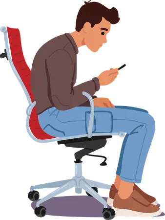 Man Slouches On A Chair Engrossed In His Smartphone His Body Contorted In A Poor Posture While He Looking On Screen Male Character Perform Improper Pose With Cellphone Cartoon Vector Illustration Illustration