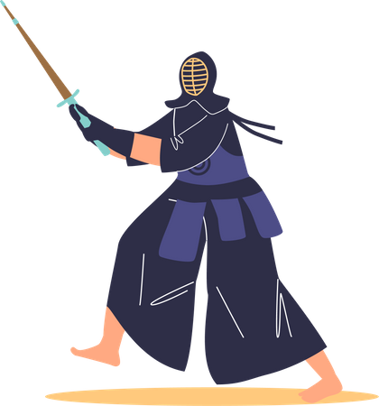 Wushu warrior in mask and black kimono costume  Illustration