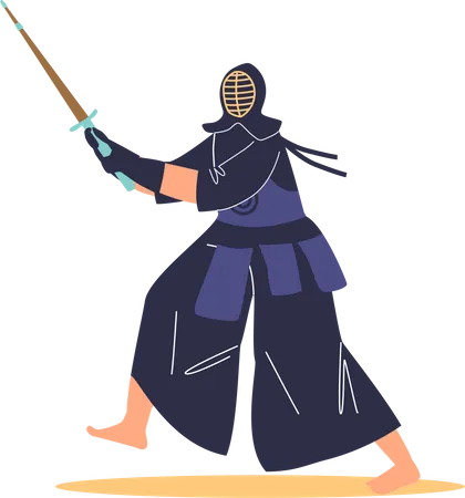 Wushu warrior in mask and black kimono costume  Illustration