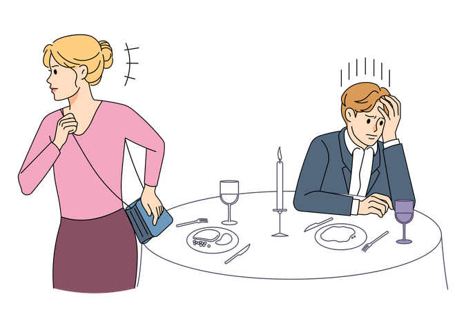 Wütende Frau lässt Liebhaber im Restaurant zurück  Illustration