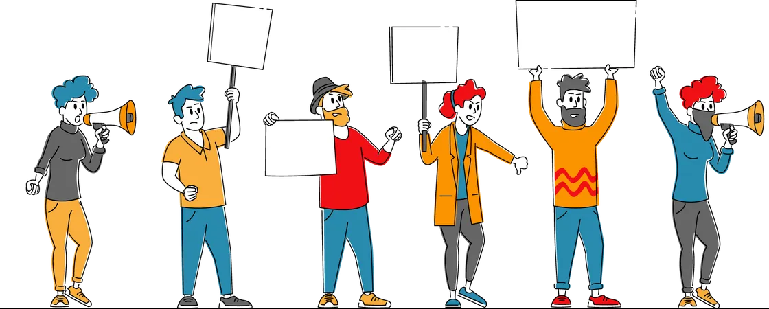 Wütende Menschen protestieren mit Schildern in der Hand  Illustration